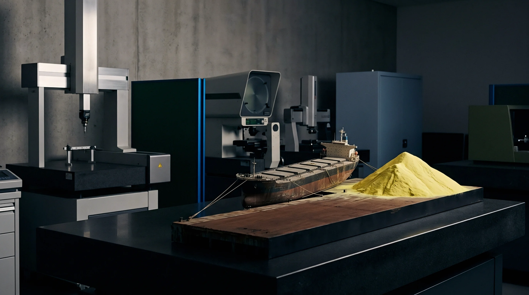 Precision coordinate measuring machines and an optical comparator surround a scale model cargo ship and raw material sample inside a concrete laboratory.