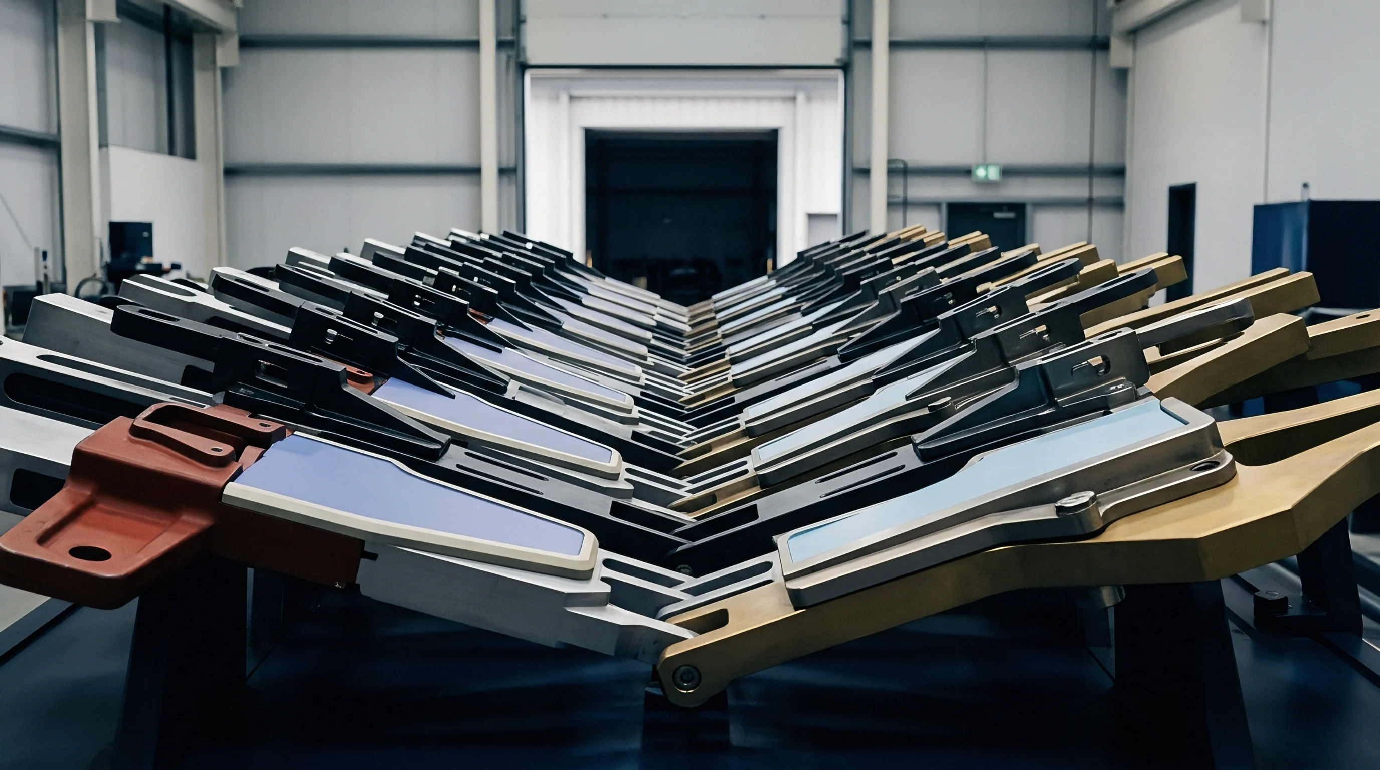 Machined metal tooling fixtures featuring blue composite plates sit aligned along a manufacturing plant assembly line floor.