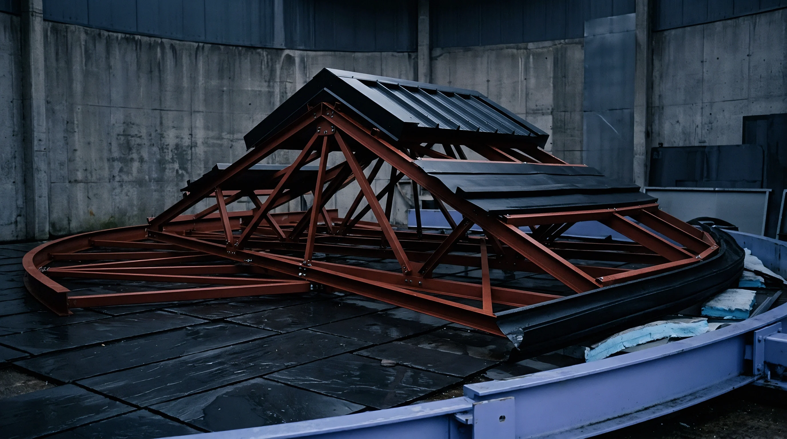 Red primed structural steel roof framework and black metal panels undergo assembly on a concrete workshop floor.