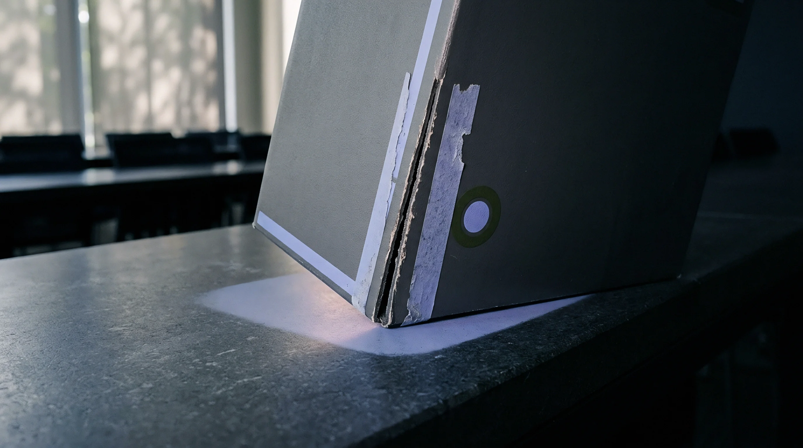 A cardboard prototype enclosure with sealed edges rests upon a grey work surface inside a testing facility.