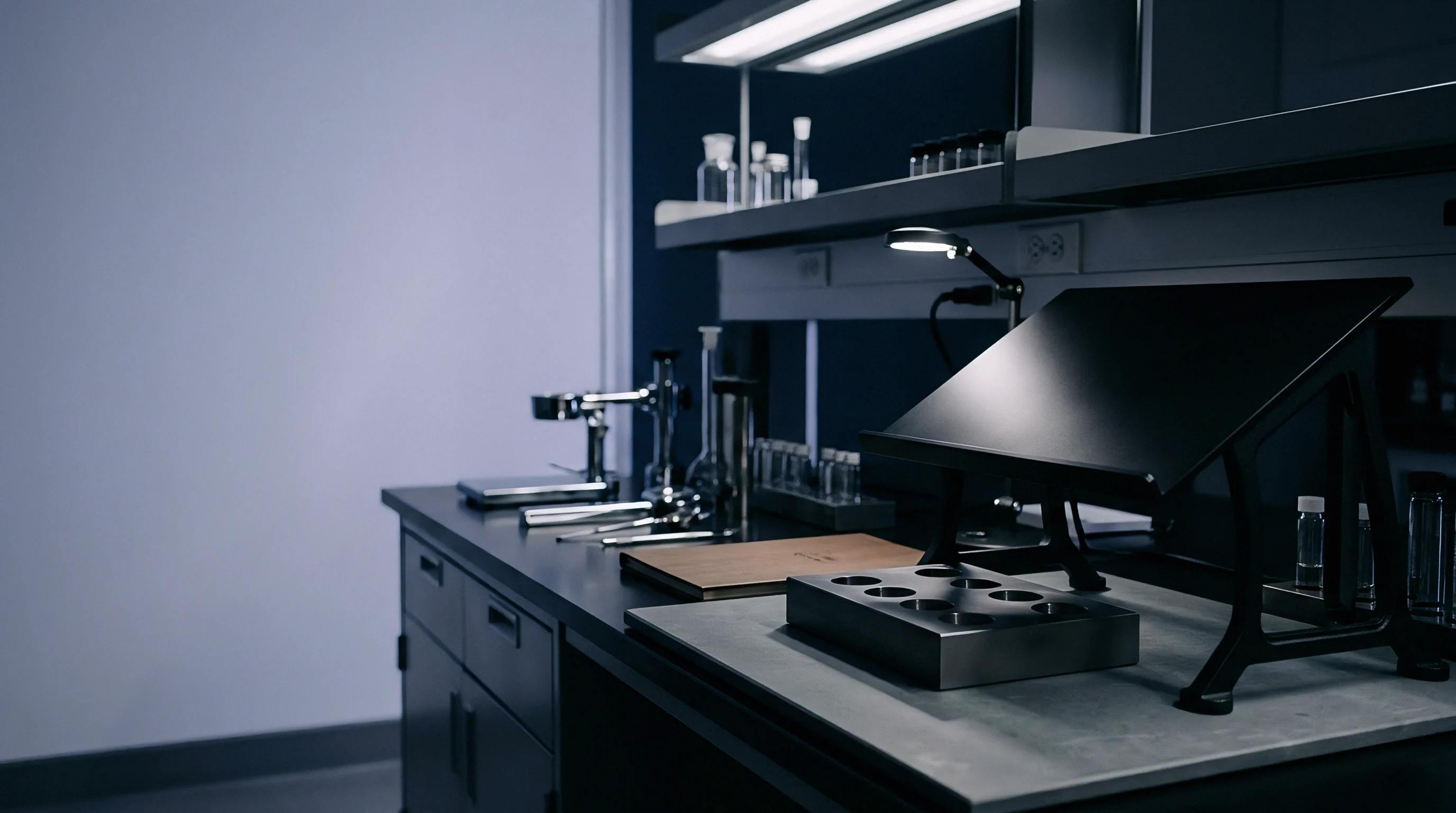 Metal testing fixtures and glass sample vials occupy a dark industrial laboratory workbench equipped for raw material quality verification.