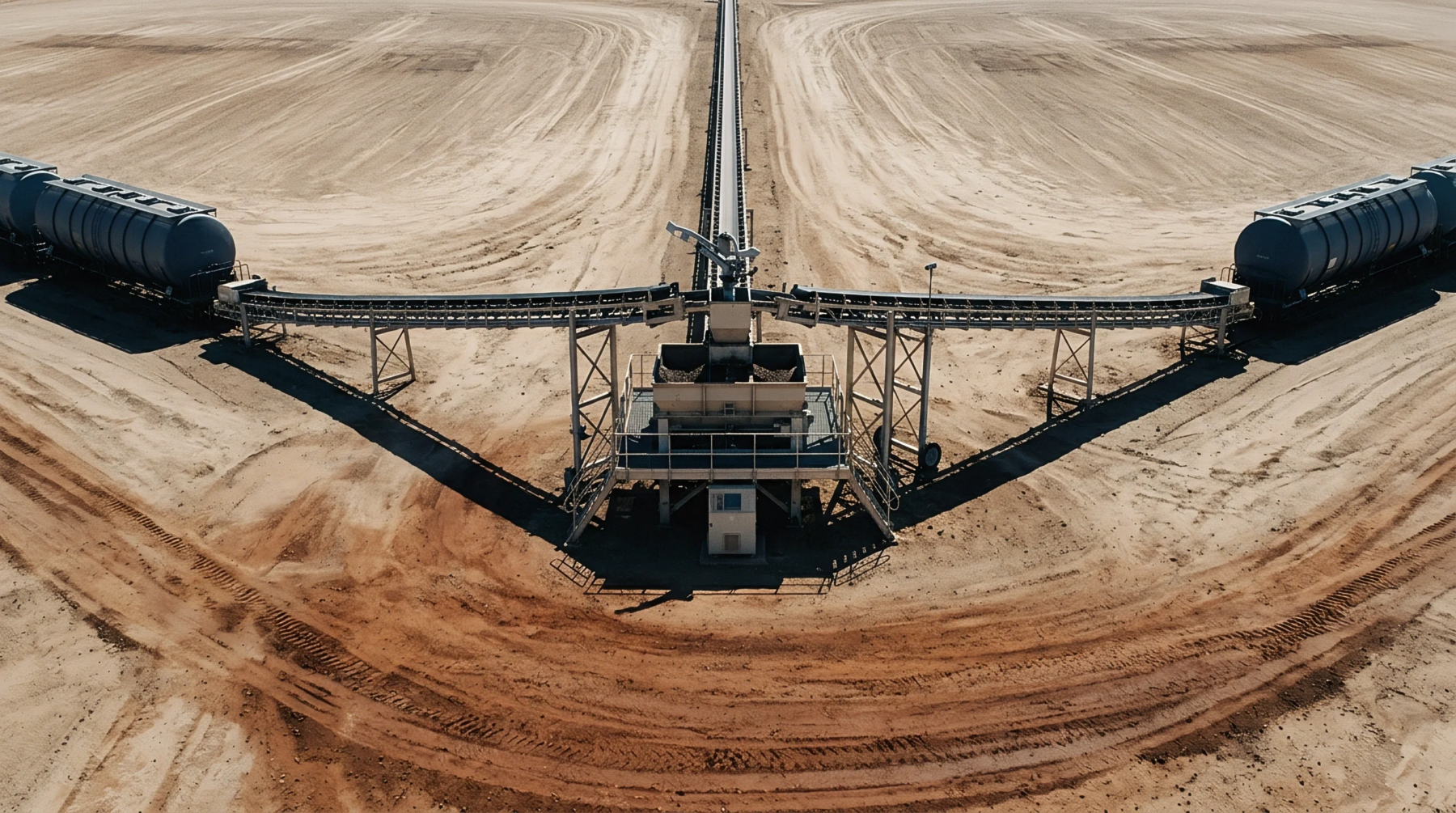 Tanker trains converge at a central conveyor station located within a dry flat landscape for bulk material transfer operations.