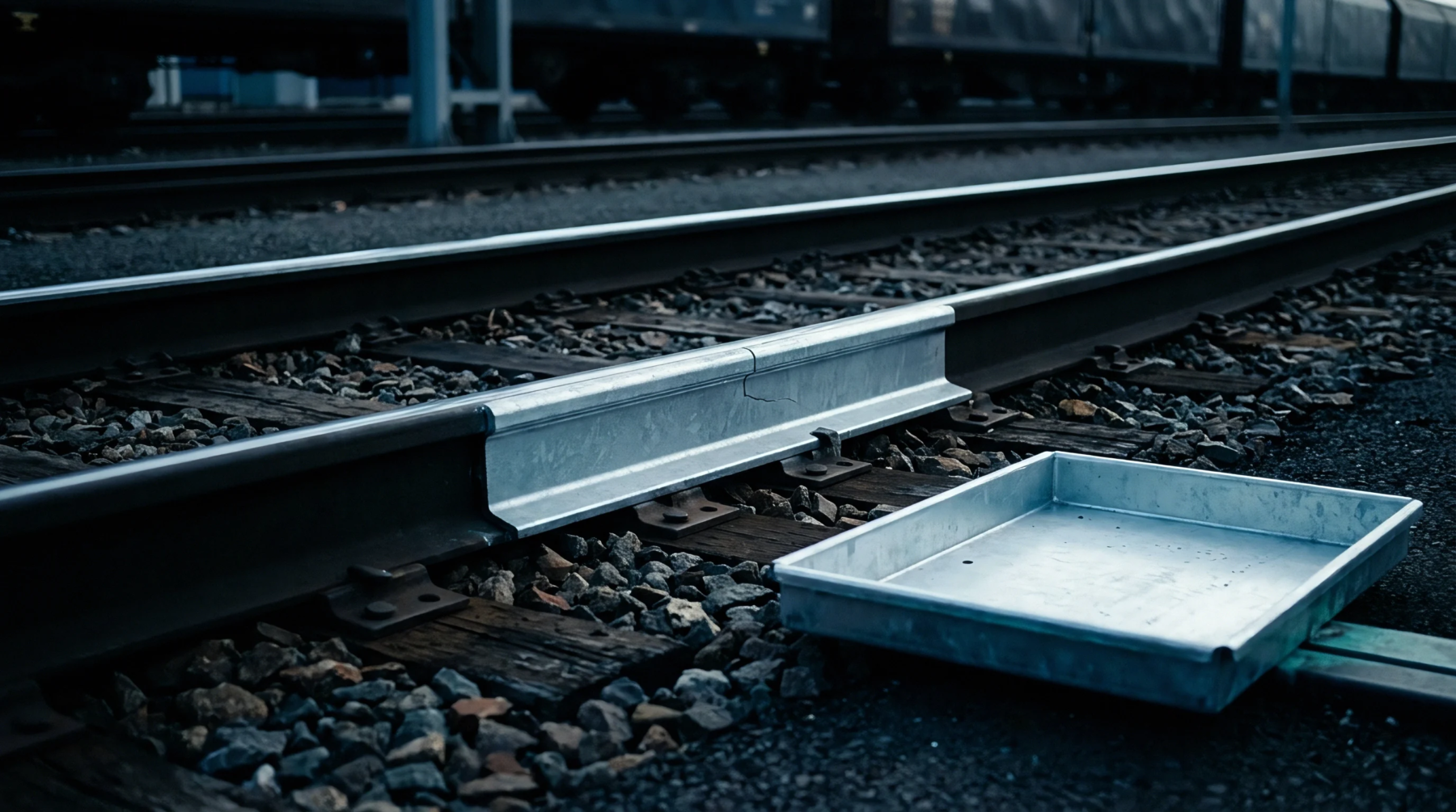Heavy steel railway tracks rest on wooden ties above crushed stone ballast alongside a metal collection pan during freight yard maintenance.