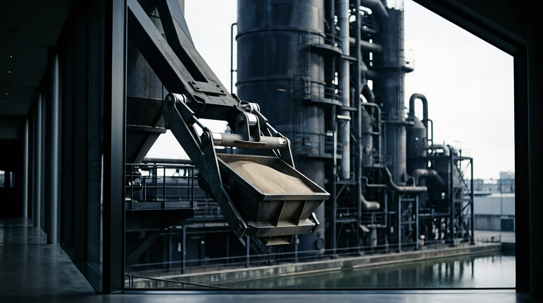 Bulk material transfer equipment suspends an aggregate feeder hopper filled with particulate raw inputs inside a heavy manufacturing facility overlooking a waterway.