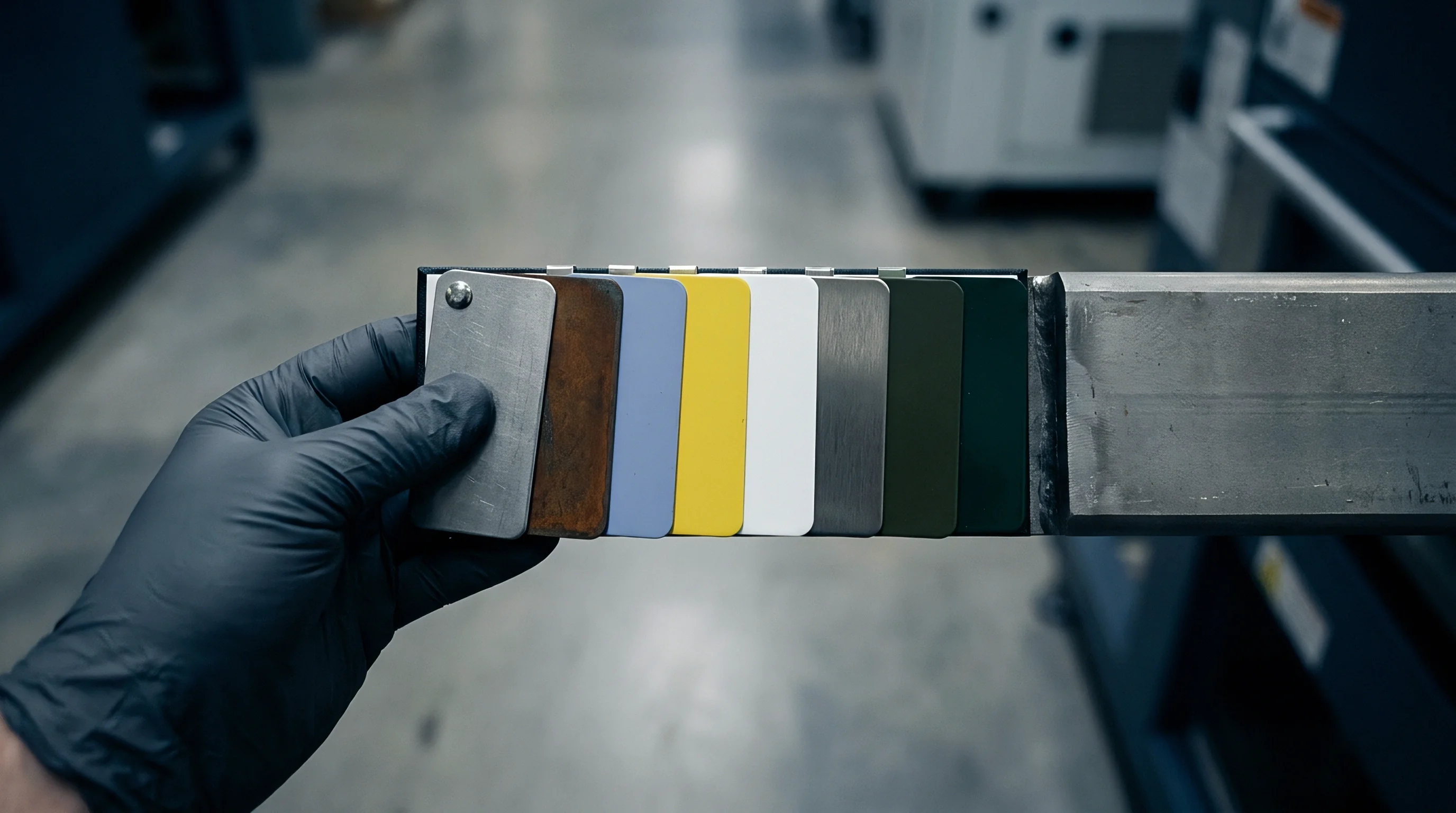 Protective gloved hand presents a metal finish swatch panel featuring varied coatings and raw textures inside a manufacturing facility.
