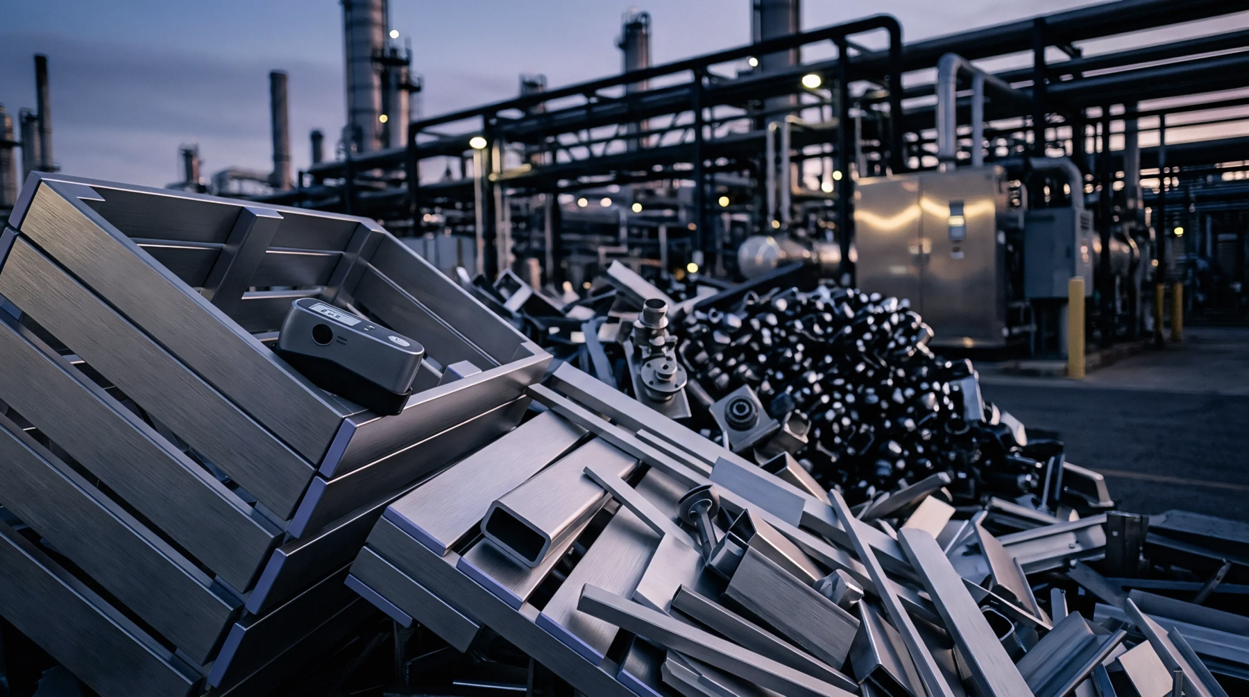 Industrial metal crates and sorted steel components rest on pallets outside a processing plant under evening skies.