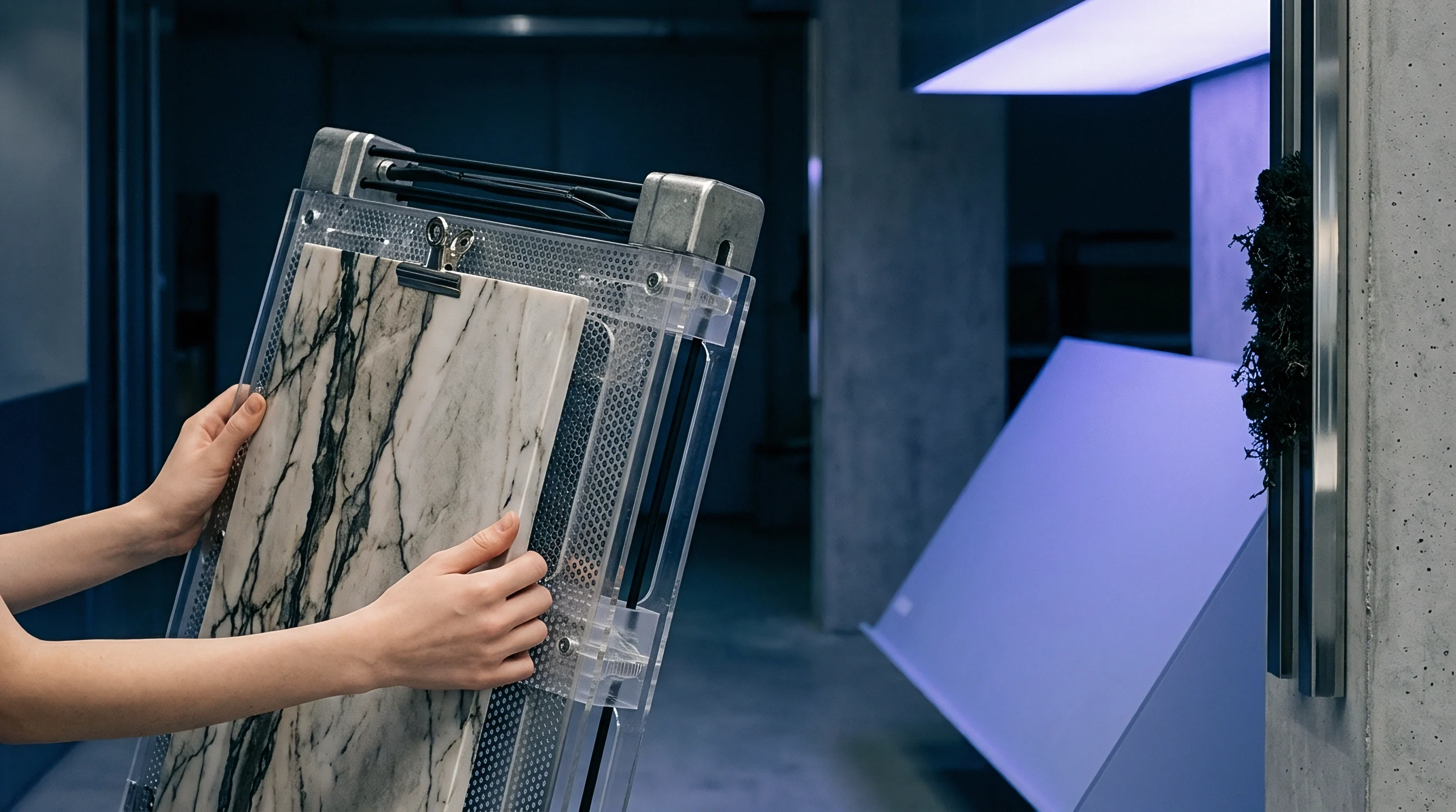 An operator examines a veined marble slab secured inside a perforated transport cassette within an industrial sourcing facility.