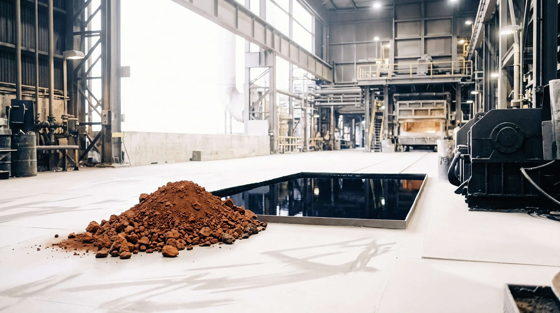 Raw ore sits on the concrete floor of a heavy industrial manufacturing facility next to a dark liquid quenching bath.