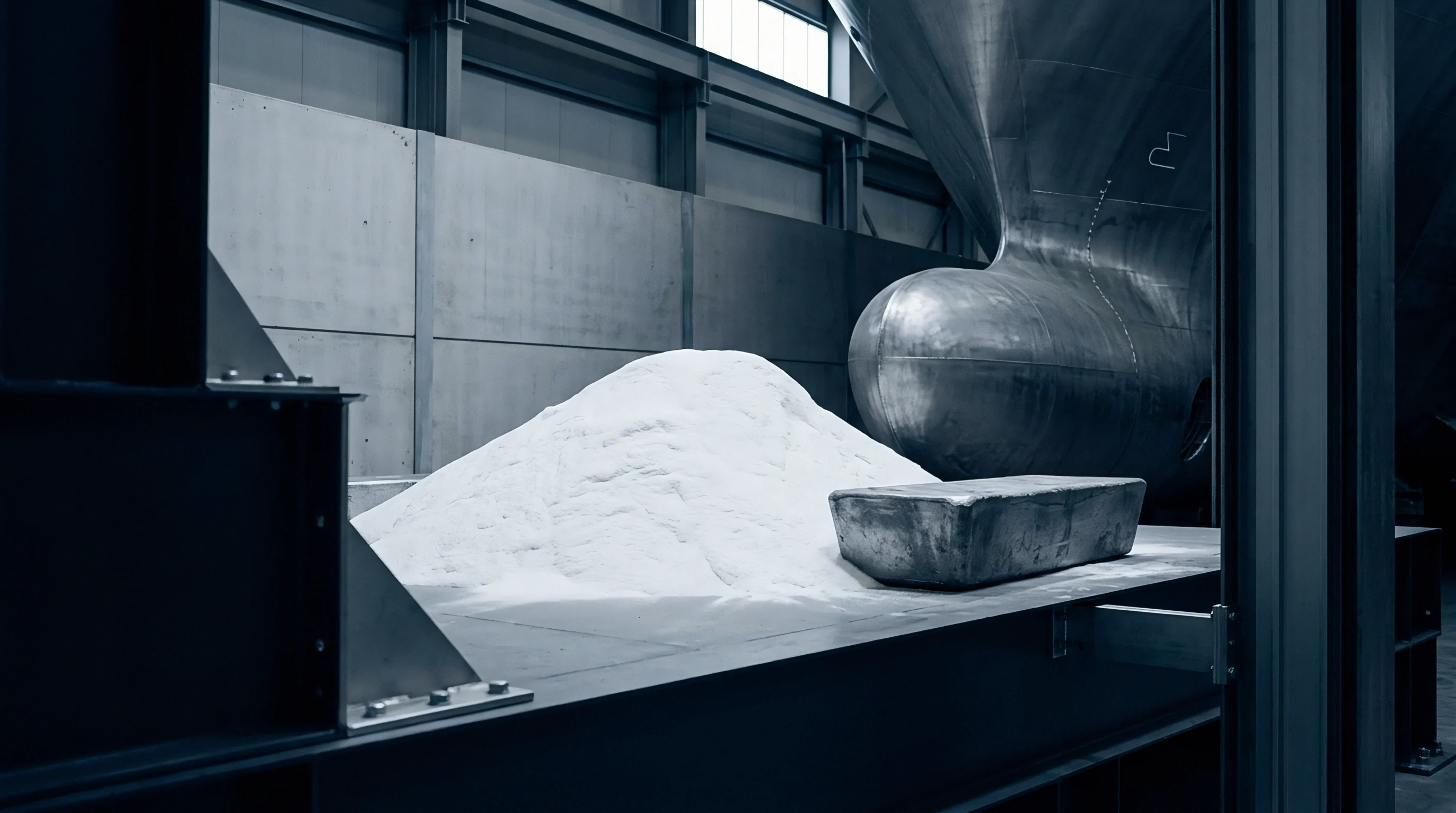 Bulk raw material and a large metal ingot rest on a platform inside a heavy industrial manufacturing facility near a ship hull.