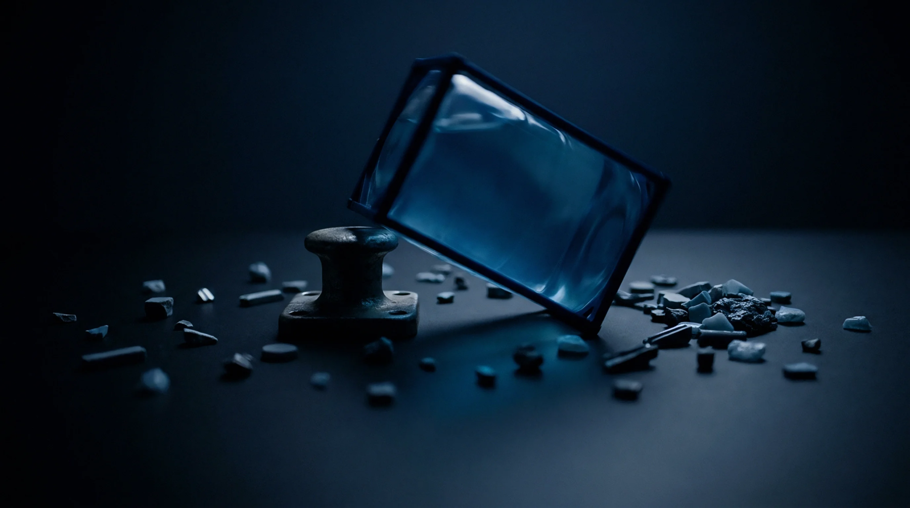 A tilted blue container rests beside a heavy metallic mooring cleat amid scattered raw material fragments on a dark industrial floor.