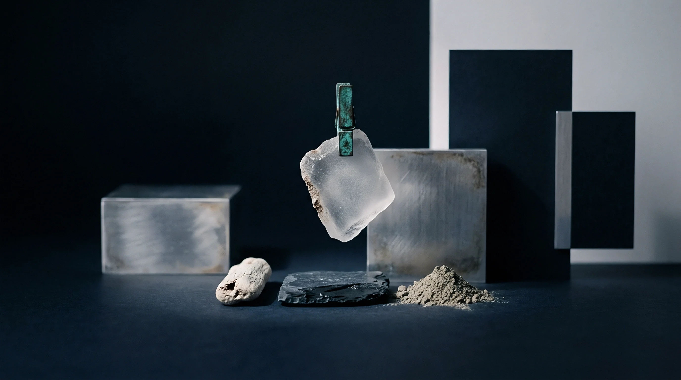 A suspended mineral specimen sits alongside refined metal blocks and a pile of granulated particulate on a dark stone surface.