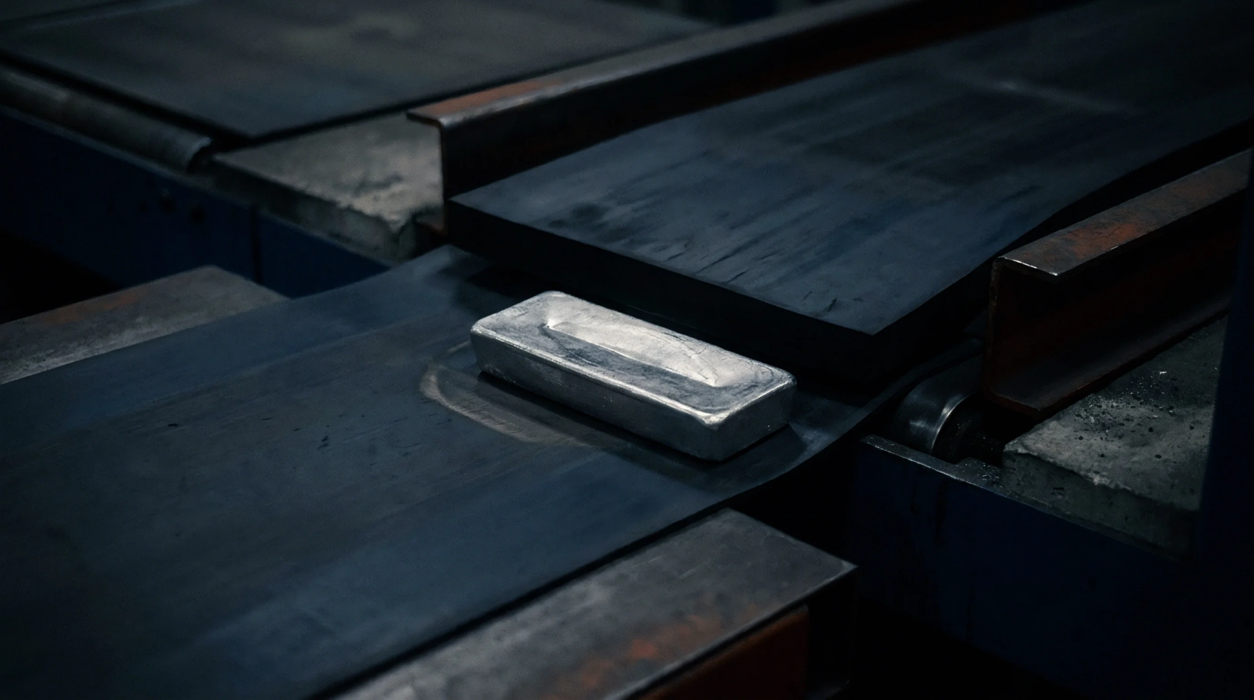 A rectangular metal ingot sits on a dark moving conveyor belt within a heavy manufacturing facility.