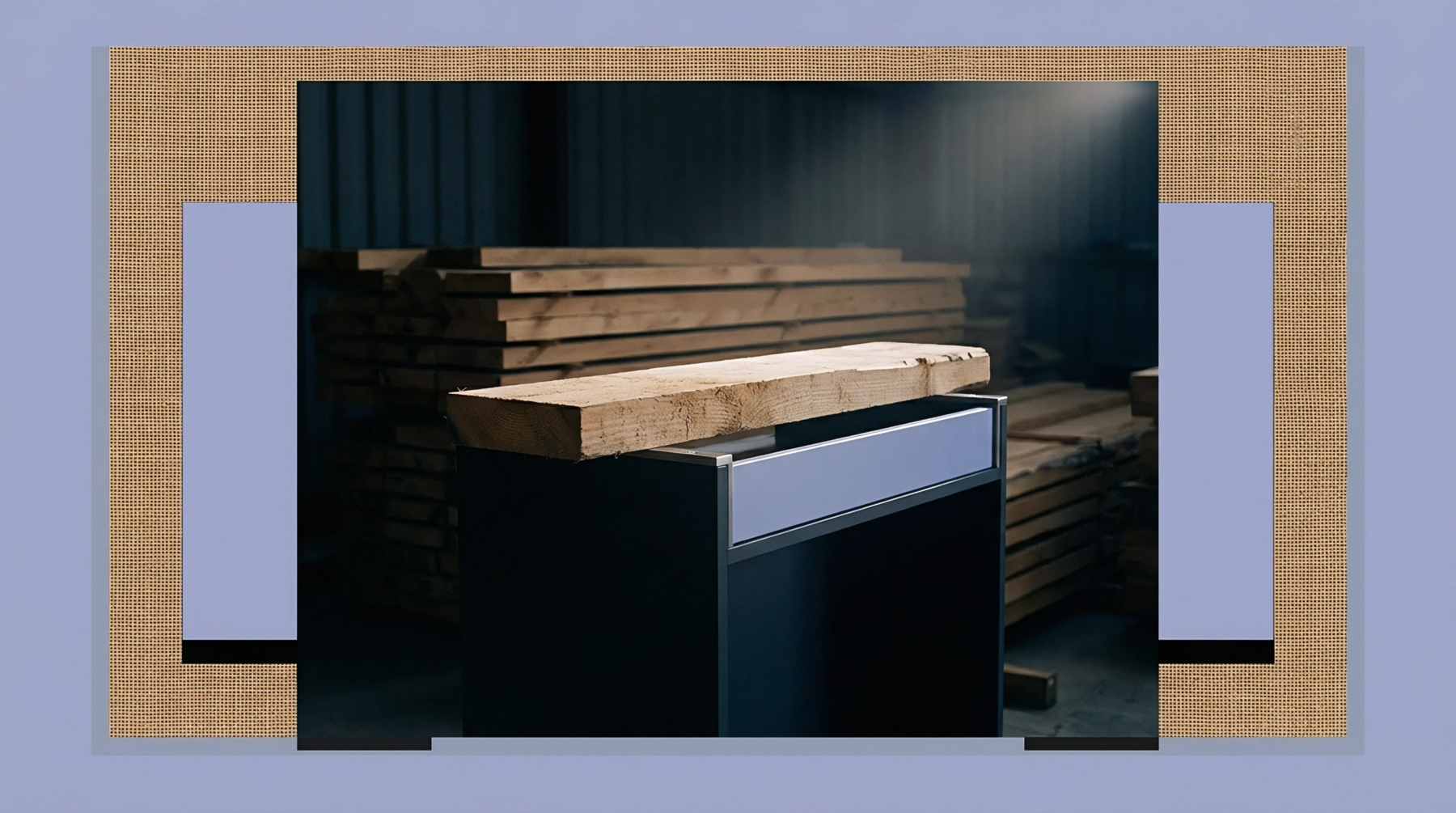 Numerous planks of unfinished wood are stored in a warehouse environment, presented alongside a contemporary furniture piece with a drawer.