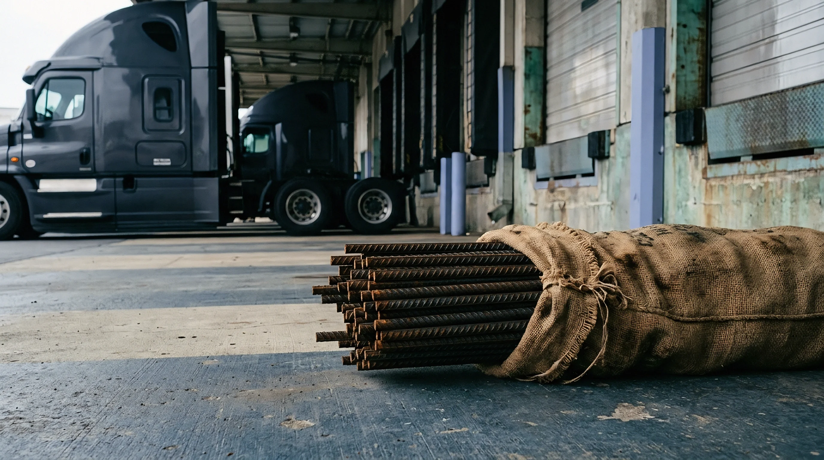 Rusty steel reinforcement bars bundled in burlap lie on concrete pavement before semi trucks parked at an industrial loading dock facility.