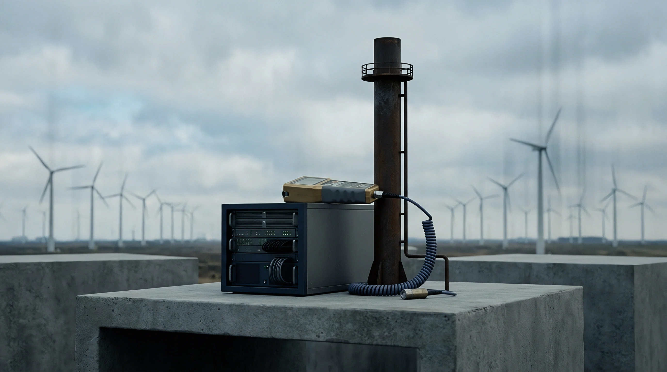 Digital render shows gray concrete blocks supporting a server enclosure, a diagnostic testing unit, and a metal exhaust stack under overcast skies.
