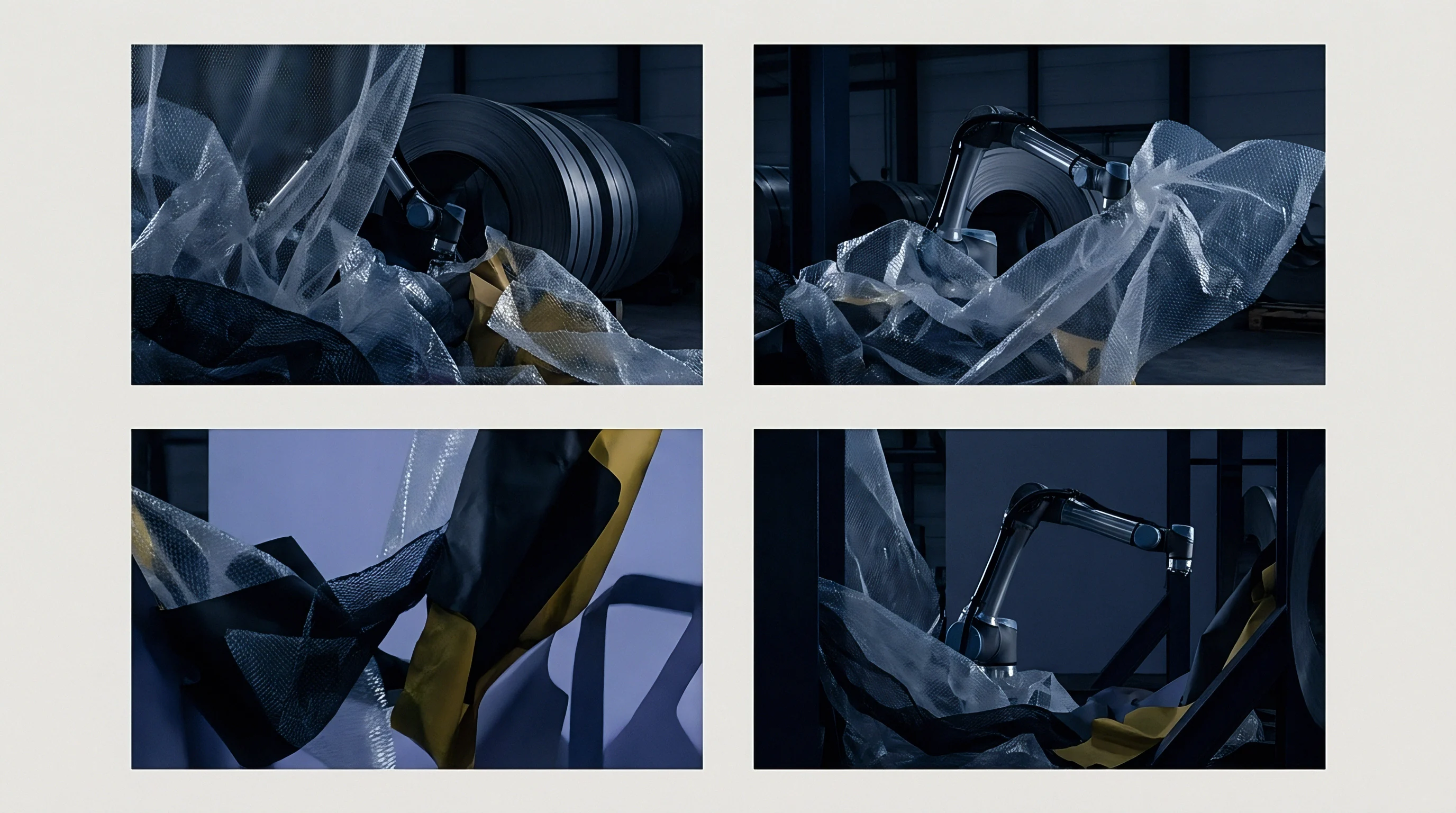 Four separate frames feature an articulating robotic manipulator interacting with protective plastic film near large metal rolls inside an industrial warehouse.