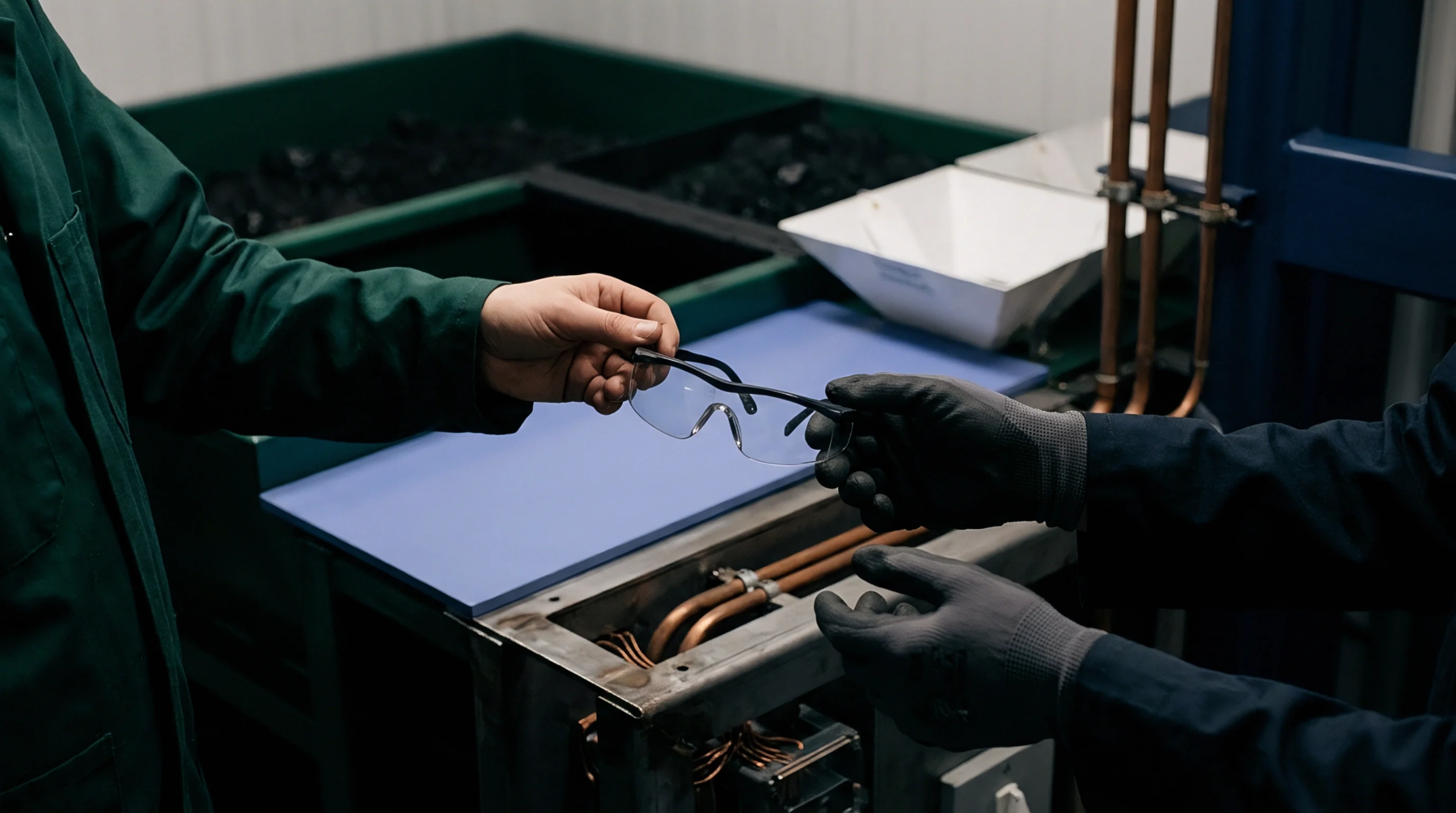 Two industrial workers exchange protective eyewear above a workbench loaded with bulk raw material bins and copper piping.