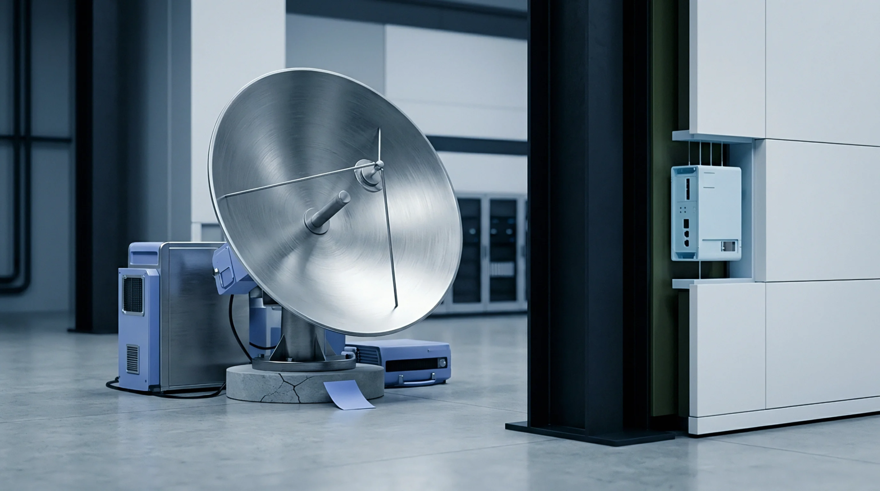 Brushed aluminum parabolic antenna hardware rendered in three dimensions rests upon a concrete warehouse floor beside industrial server racks.