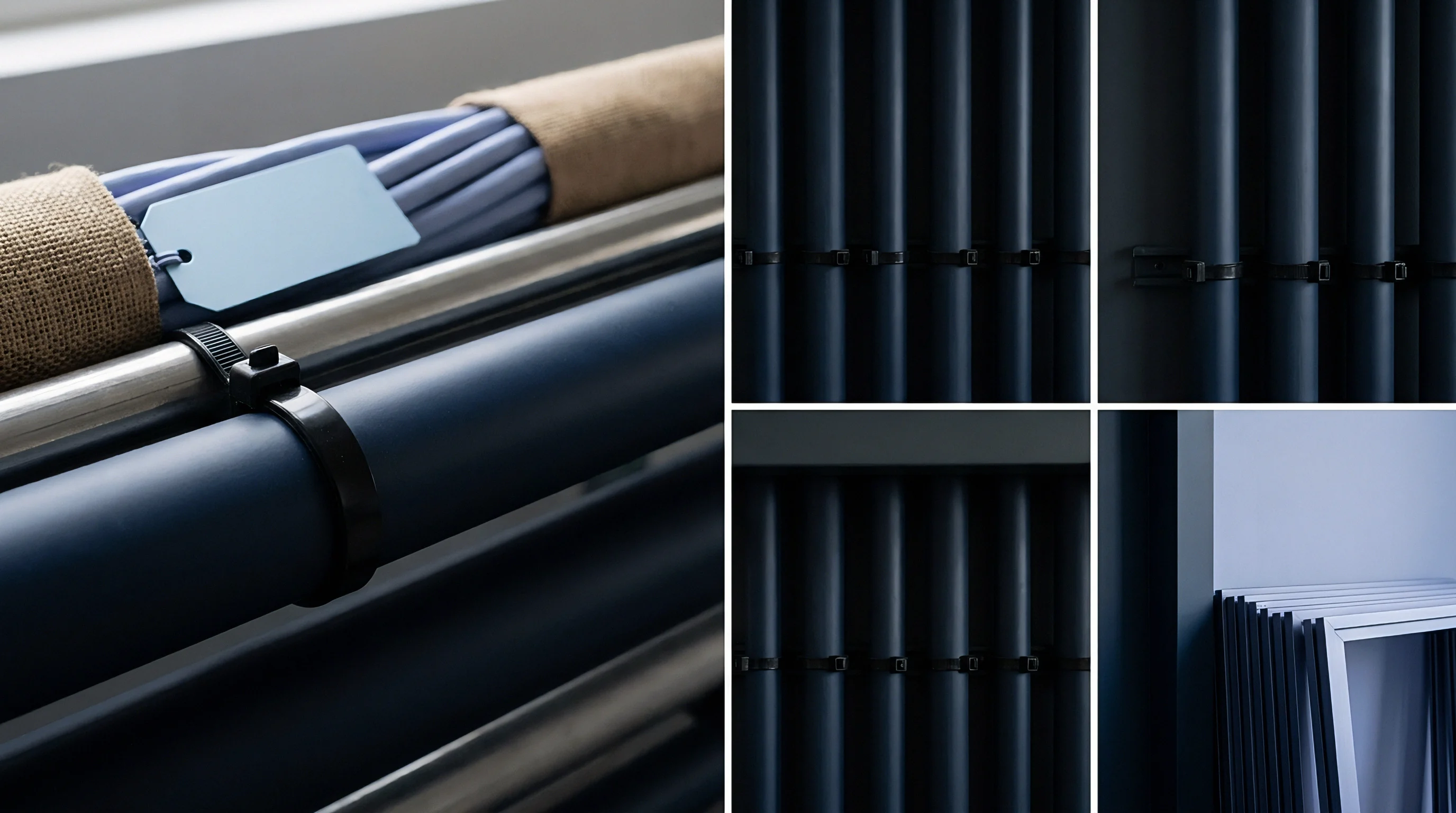 Industrial tubes appear in a render bundled with cable ties and identification tags on metal racking within a logistics warehouse facility.