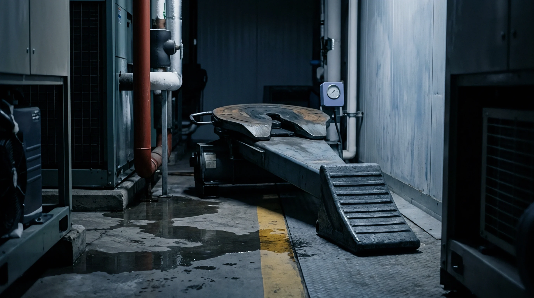 A heavy steel tractor fifth wheel coupling mechanism rests on a wet concrete floor inside an industrial maintenance facility.