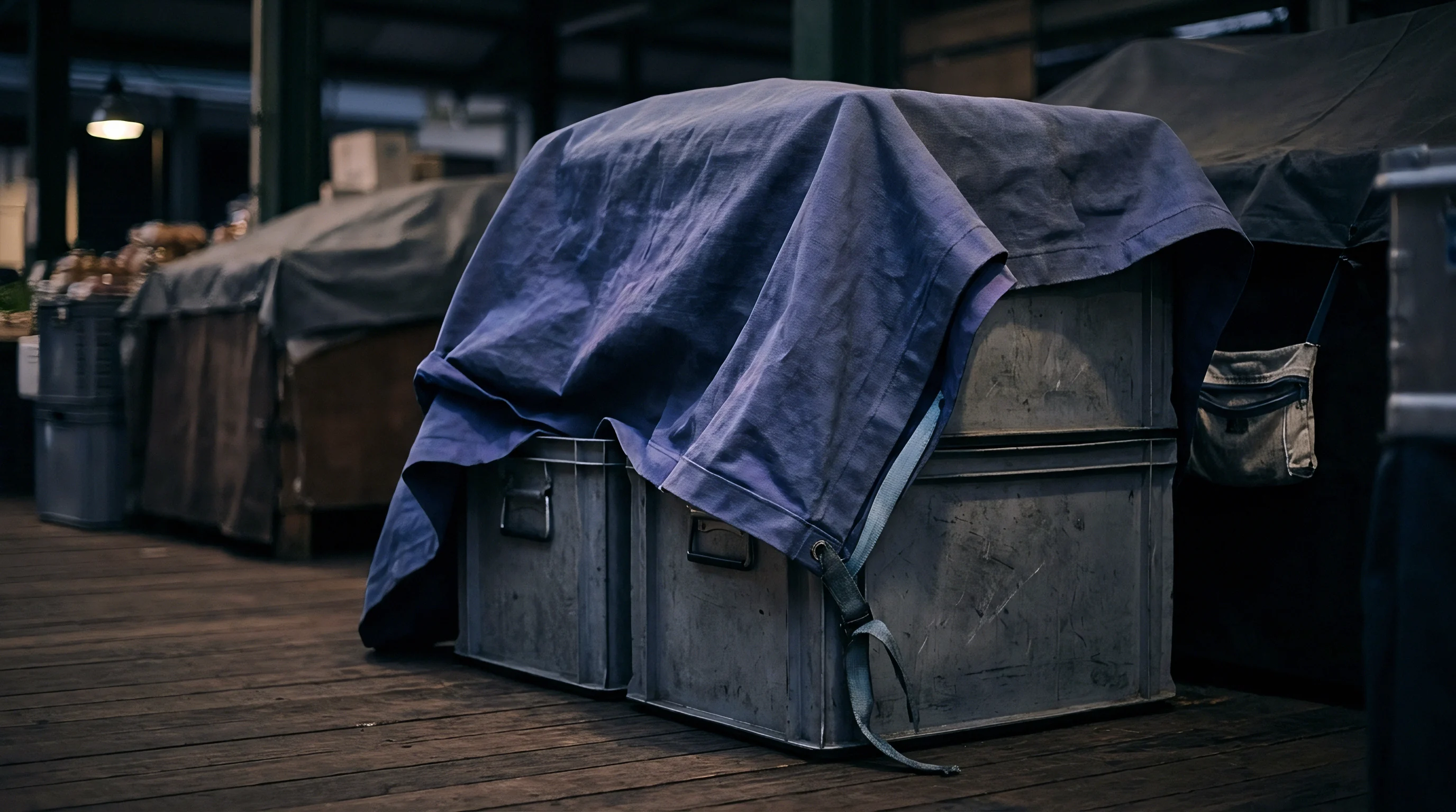 Gray metal storage crates sit on a wooden floor in a dimly lit warehouse covered by protective blue fabric tarpaulins for transit protection.