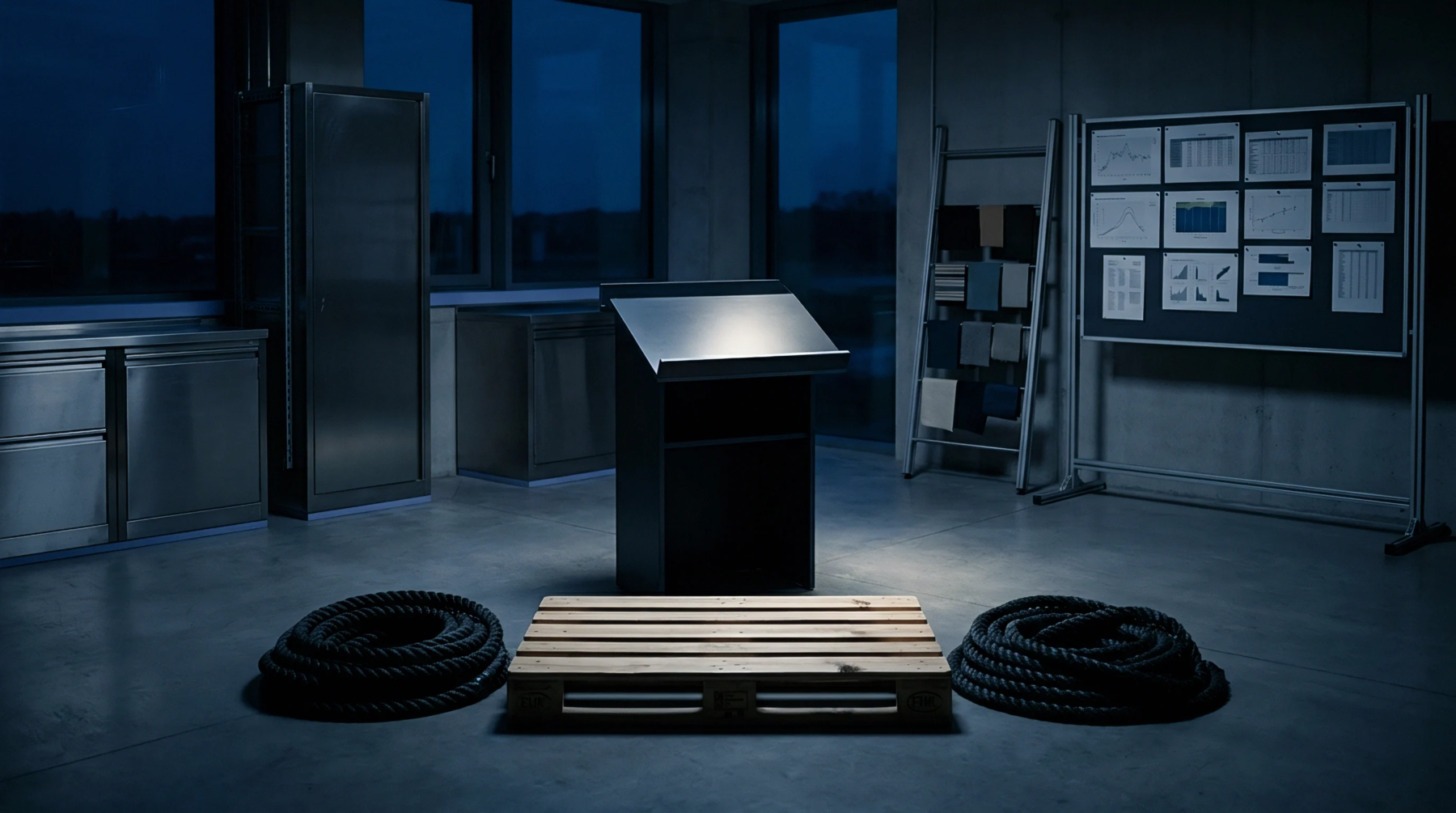 A wooden shipping pallet lies on a concrete floor centered between two coiled ropes with a lectern and data charts in a dark industrial space.