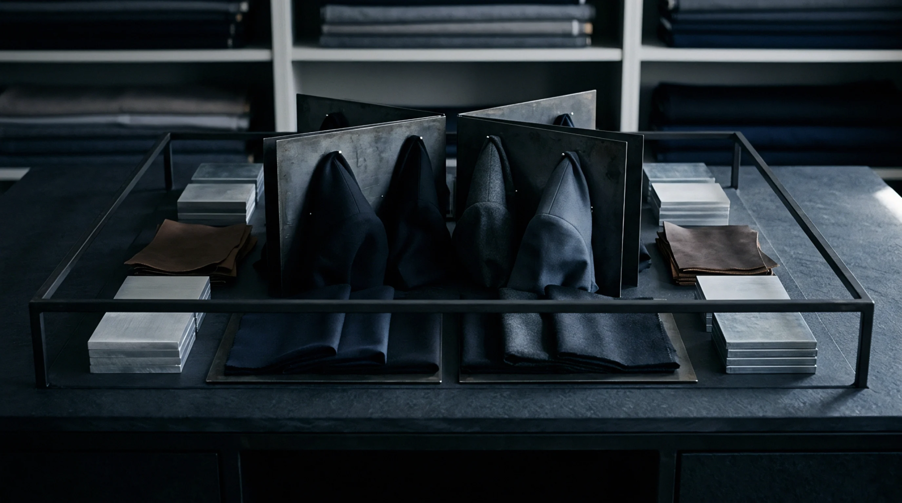 Folded textile samples and hanging fabric swatches are arranged on a dark slate staging surface within a structured metal framework.