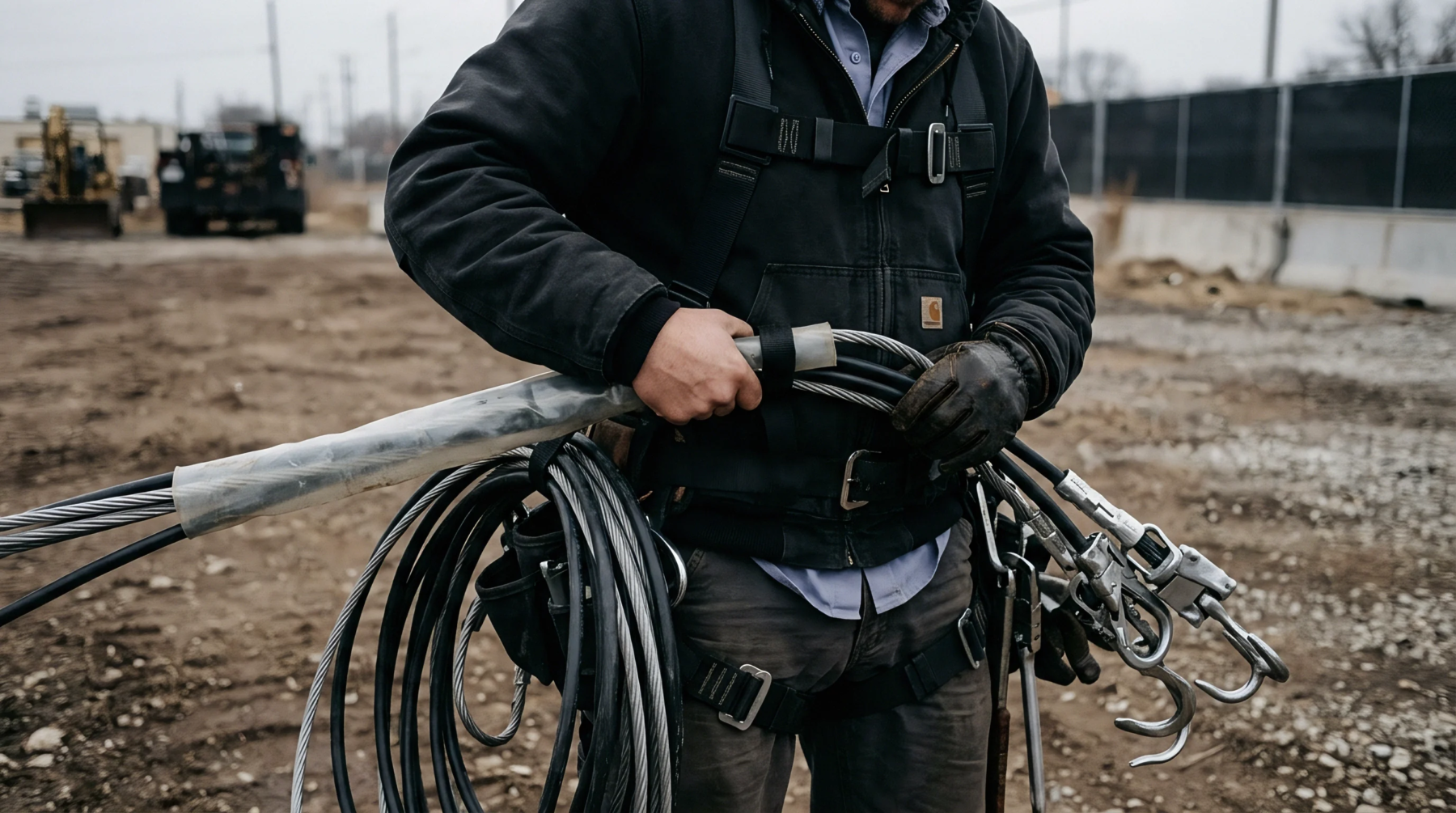 An industrial worker wearing protective gear organizes heavy metal wire cables at an active outdoor construction site.