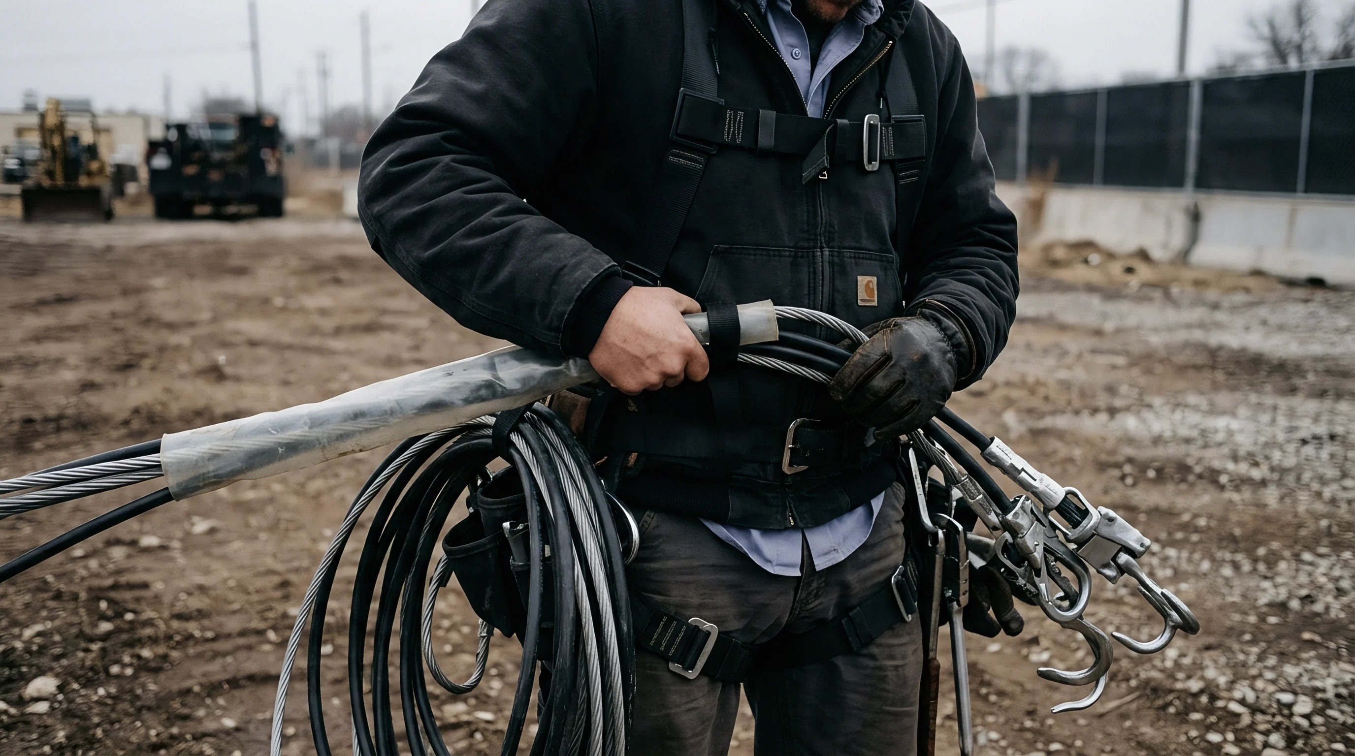 An industrial worker wearing protective gear organizes heavy metal wire cables at an active outdoor construction site.