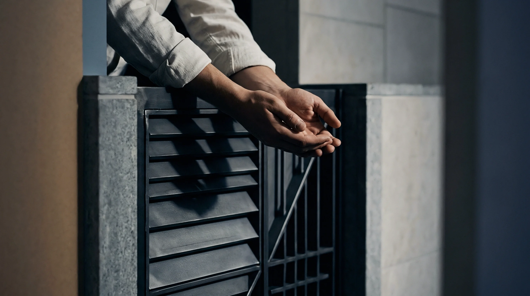 A person in a white linen shirt rests bare arms on a dark metal shuttered barrier inside an industrial facility.